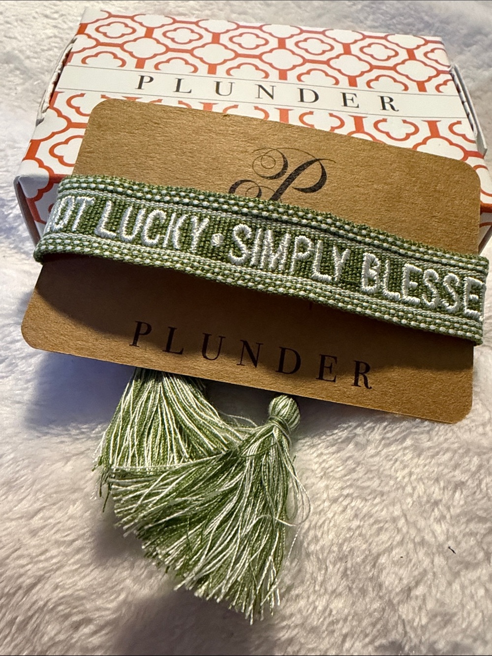 Plunder Sage Green 'Lucky Simply Blessed' Tassel Hair Wrap Bracelet